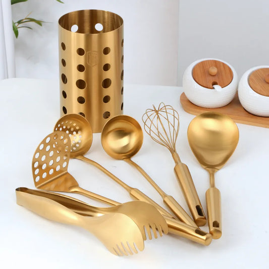 1/7pcs Gold Cooking Tool Set Chopsticks Tube Kitchenware Soup Ladle Colander Set Egg Stirrer Food Clip Kitchen Utensils