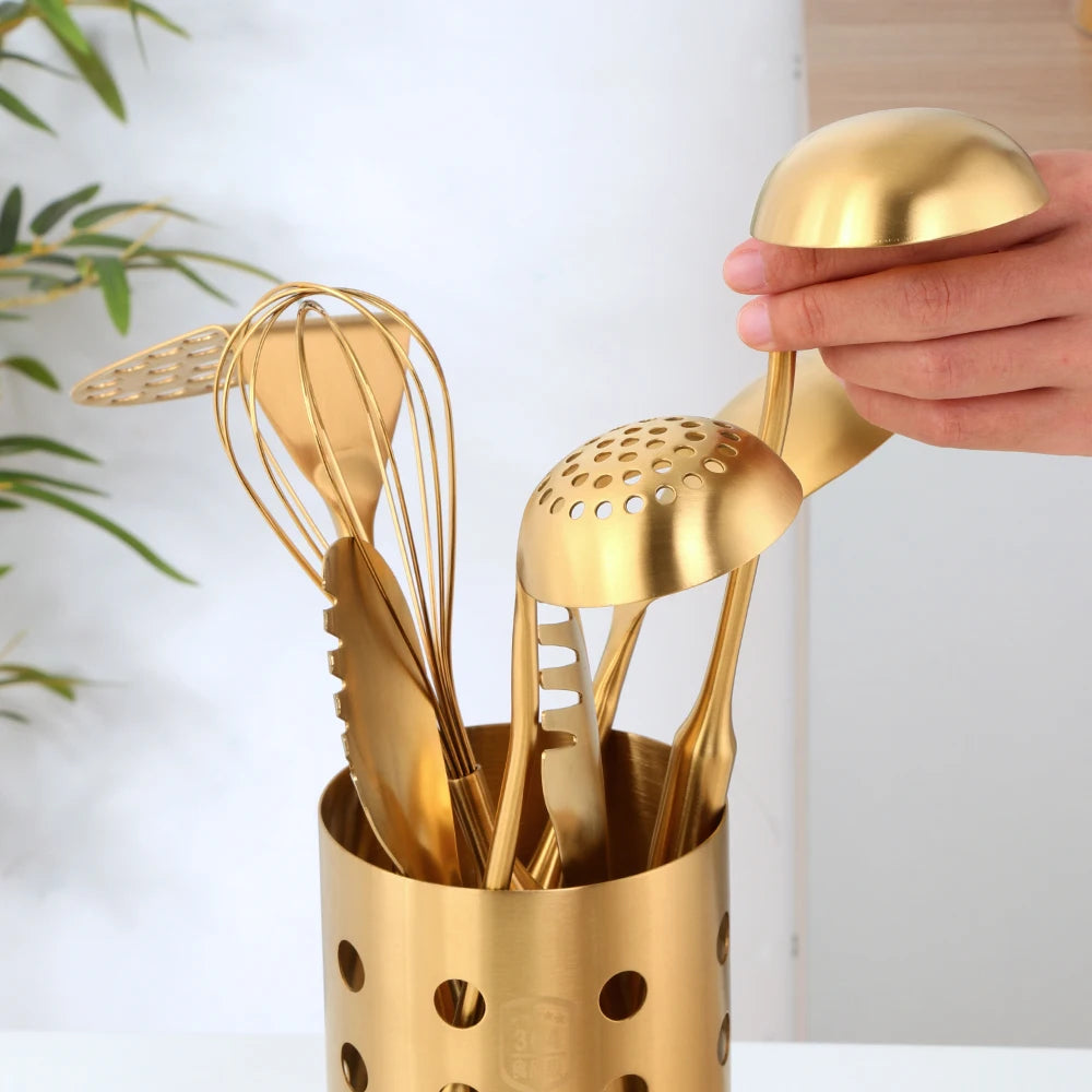 1/7pcs Gold Cooking Tool Set Chopsticks Tube Kitchenware Soup Ladle Colander Set Egg Stirrer Food Clip Kitchen Utensils