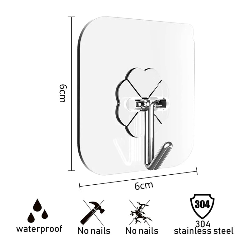 10PCS Clear Stainless Steel Adhesive Hooks: Versatile Storage Hanger for Kitchen, Bathroom, Door, Wall